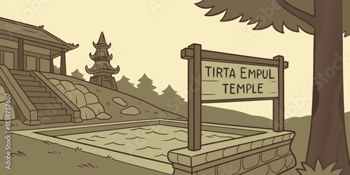 Cartoon illustration of Tirta Empul Temple a holy water temple in Bali Indonesia