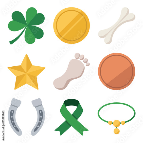 Irish luck symbols icons set, clover coin horseshoe ribbon medal charm festive celebration flat vector illustration