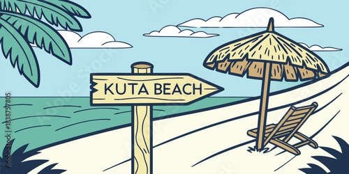 Vibrant Kuta Beach Illustration Guiding Travelers to a Sunny Coastal Destination