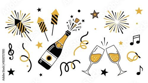 Celebration Elements with Champagne Bottle, Fireworks, and Music Notes Vector Illustration