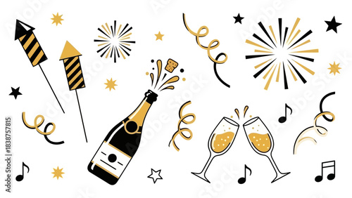 Champagne Bottle Popping, Fireworks, Confetti, Musical Notes, and Toasting Glasses
