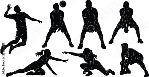 Set of black silhouette volleyball players in action poses, including jumping to spike, diving to dig, and receiving the serve, isolated sport vector illustration on white background.