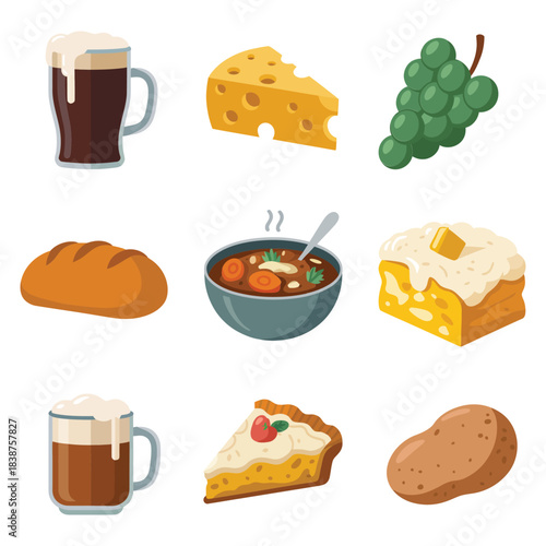 Irish cuisine and pub snacks icons set, beer cheese grapes pie bread comfort food flat vector illustration