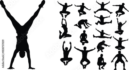 Set of black silhouettes of people jumping and doing handstands, vector illustration of active young men in motion isolated on white background.