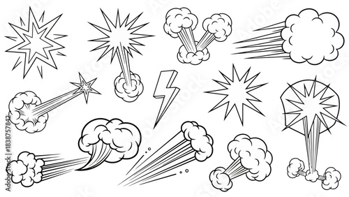 Collection of Black and White Comic Book Explosion and Action Effect Graphics