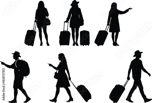 Set of black silhouettes of people traveling with luggage and suitcases, vector illustration isolated on white background, for tourism, vacation, airport and passenger concepts