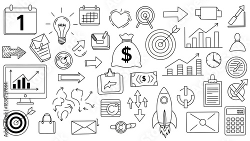 Collection of Business and Finance Hand-Drawn Doodle Icons and Symbols on White Background