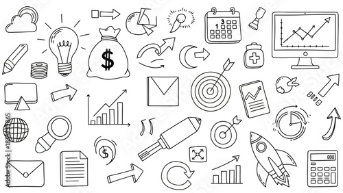 Business and Finance Doodle Icons Set: Growth, Ideas, and Success Concepts