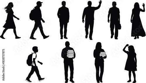 Set of black silhouettes of people walking and students carrying books, men and women waving hands, vector illustration isolated on white background.