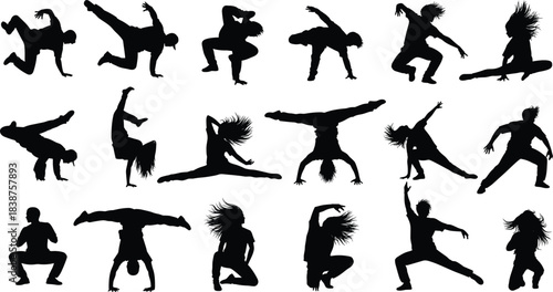 Set of black silhouettes of street dancers performing breakdance moves, young men and women dancing hip hop, vector illustration isolated on white background.