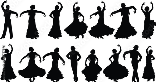 Set of black silhouettes of Spanish flamenco dancers, male and female figures performing traditional dance moves, isolated on white background for vector design.