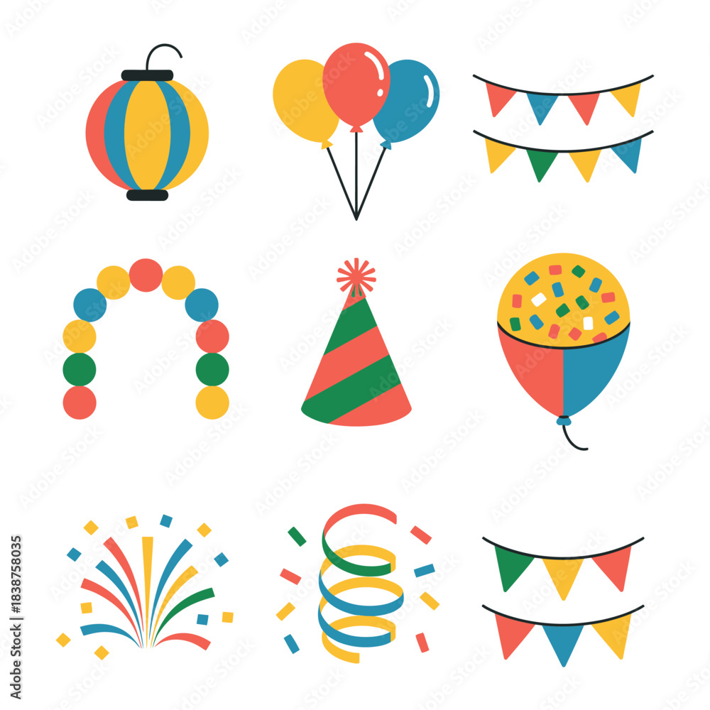 Obraz premium Birthday party celebration icons set, balloons banners confetti hats streamers festive decoration flat vector illustration for events