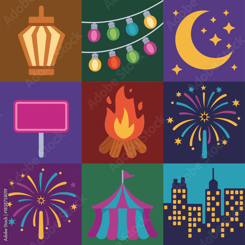 Carnival game and prize icons set, wheel ticket ribbon teddy target fish bowl flat vector illustration