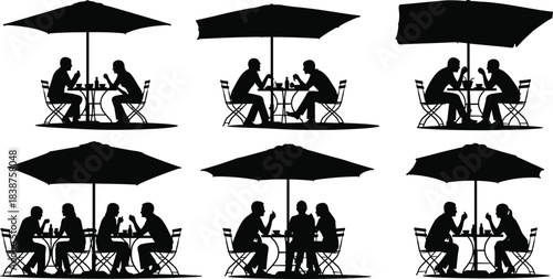 Set of black silhouettes showing people enjoying a meal, eating, or socializing at outdoor cafe tables under large patio umbrellas, vector illustration pack.