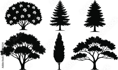 Set of black tree silhouettes, pine fir and oak nature icons, forest landscape elements, vector illustration collection isolated on white background