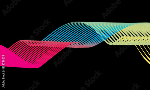 Abstract vector in colorful gradations on a dark background. Modern, dynamic and futuristic wavy lines. Suitable for technology designs, digital posters, presentation backgrounds and creative graphic.
