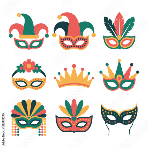 Carnival face mask icons set, feathers patterns decorative masquerade party celebration flat vector illustration