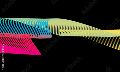 Abstract vector in colorful gradations on a dark background. Modern, dynamic and futuristic wavy lines. Suitable for technology designs, digital posters, presentation backgrounds and creative graphic.