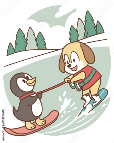 Cute Cartoon Dog and Penguin Water Skiing Illustration