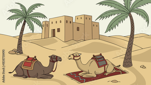 Serene Desert Oasis Scene with Camel, Palm Trees, and Water Reflection