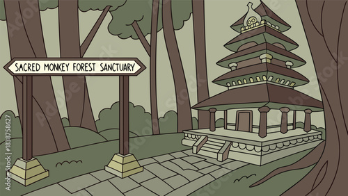 Stylized illustration of Balinese Sacred Monkey Forest Sanctuary temple and directional sign
