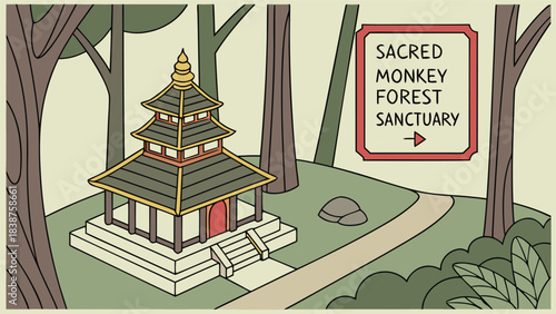 Stylized Illustration of Sacred Monkey Forest Sanctuary Bali Entrance with Temple Signpost