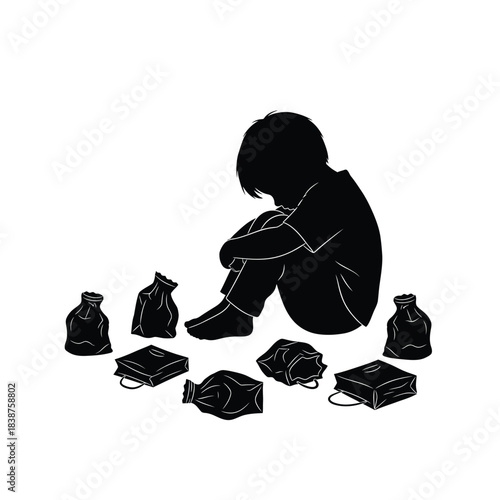 Child sitting alone surrounded by toys silhouette