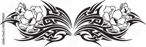 Symmetrical Tribal Flower Tattoo Design in Black and White