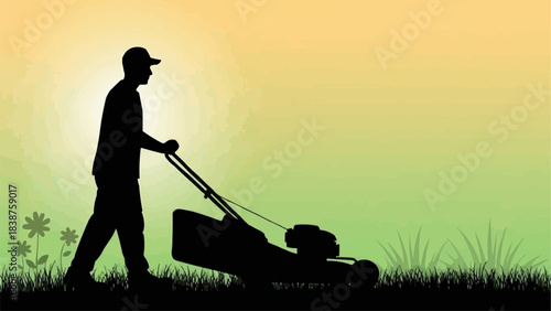Silhouette of a man mowing a lawn with a push mower.