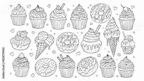 Delicious Assortment of Hand-Drawn Desserts and Sweet Treats.