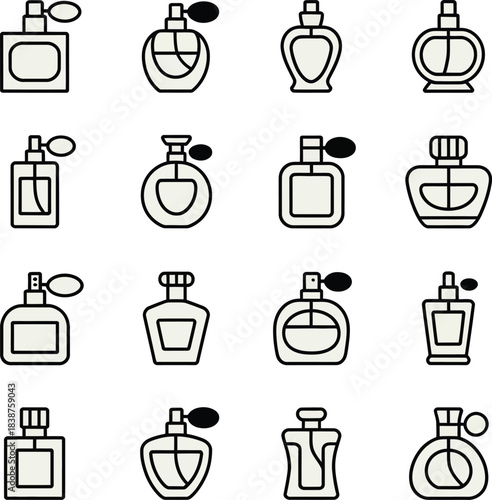 Outline perfume bottle icon set for cosmetic product branding