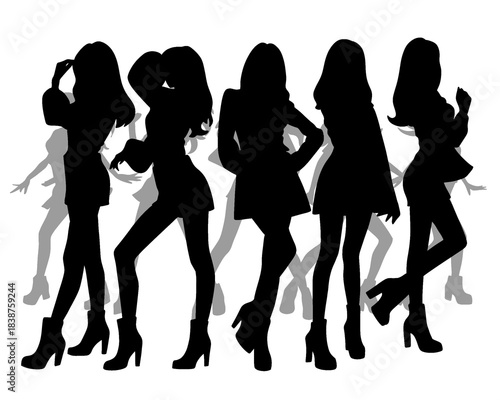 Female idol group silhouette, group of beautiful women dancing and posing, isolated icon on white background, type 4
