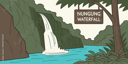 Vibrant cartoon depiction of Nungung Waterfall flowing into a blue pool amidst tropical foliage