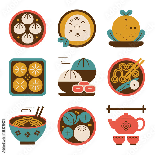 Traditional festival food bowl icon set with dumplings noodles tea soup sweets flat vector illustration cuisine elements design