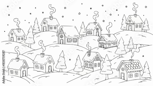 Charming Winter Village Scene with Cozy Houses and Snowfall.