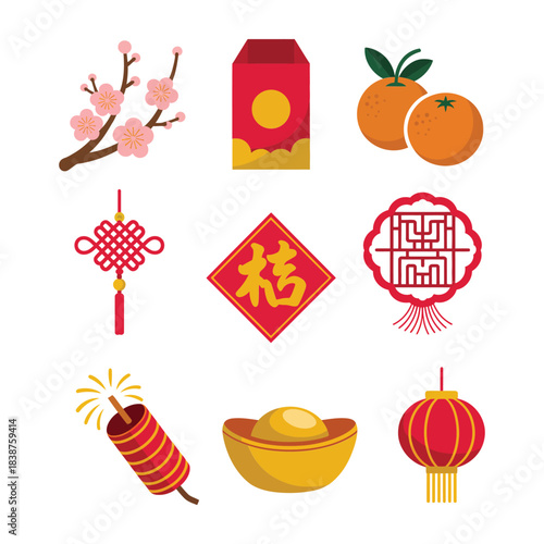 Lunar new year ornament icon collection with red packets lanterns firecrackers citrus blossoms traditional festival flat vector design