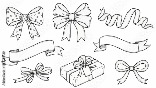 Collection of Hand Drawn Bows Ribbons and Gift Box Elements.