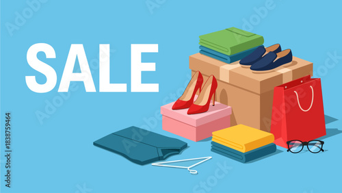 Bold white lettering spells SALE beside a stylish pile of consumer goods, including red pumps, navy loafers, folded shirts, and a bright red shopping bag, set against a clean blue background