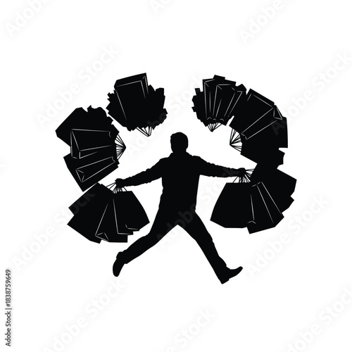 Man jumping surrounded by shopping bags silhouette