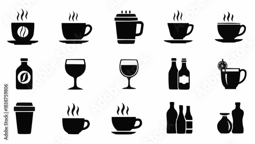 Collection of black silhouette beverage and drink icons.
