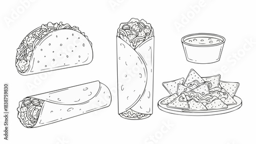 Delicious Mexican Food Collection - Tacos, Burritos, Nachos, and Salsa.