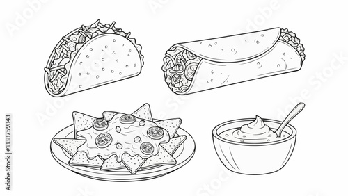 Hand-drawn Mexican Food - Taco, Burrito, Nachos, and Sour Cream.
