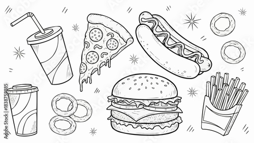 Delicious Fast Food Feast Hand Drawn Sketch Illustration.