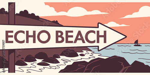 Coastal illustration featuring a retro sign guiding visitors to Echo Beach at sunset