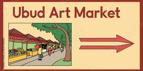 Ubud Art Market Directional Sign with Cartoon Illustration Style in Bali