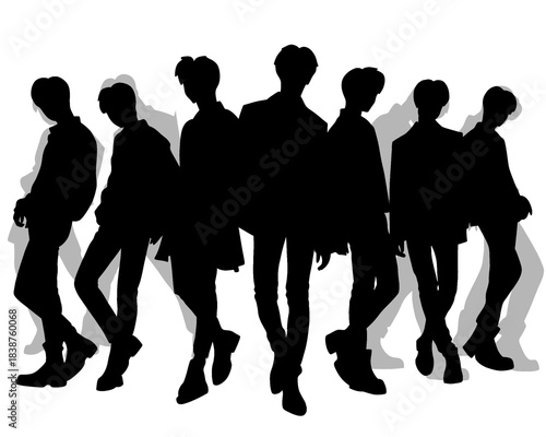 Male idol group silhouette, kpop idol dancing, icon isolated on white background, vector illustration 1