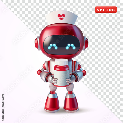 Robot nurse holding medicine bottle, 3D vector. Suitable for technology and healthcare