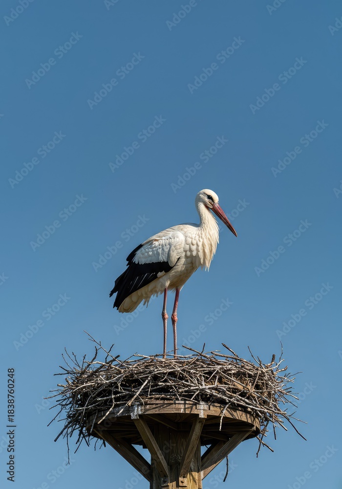 Fototapeta premium A large white stork with black wing feathers standing majestically on a high nest, symbolizing the arrival of spring and new beginnings ,symbol ,nature ,feathers
