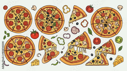 Delicious Hand-Drawn Pizza Slices and Whole Pizzas with Fresh Ingredients.