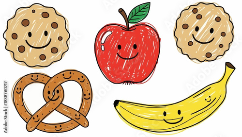 Cute Cartoon Food Characters with Happy Faces.